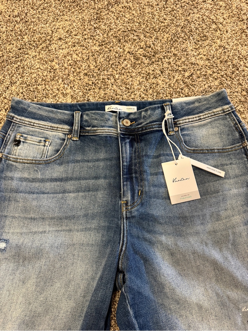 KanCan Two-Tone Blue Distressed Flare Jeans with Frayed Split Hem - Picture 4 of 7